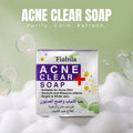 Fiabila Acne Clear Soap box centered on white foam with floating bubbles, under the text 'ACNE CLEAR SOAP Purify. Calm.