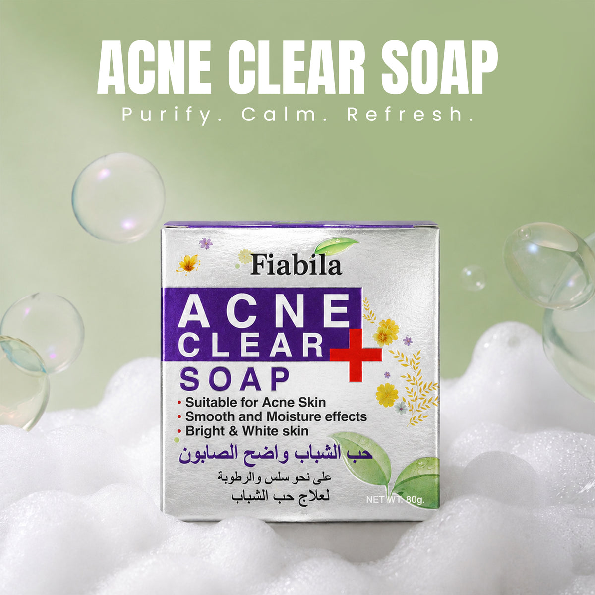 Fiabila Acne Clear Soap box centered on white foam with floating bubbles, under the text 'ACNE CLEAR SOAP Purify. Calm.