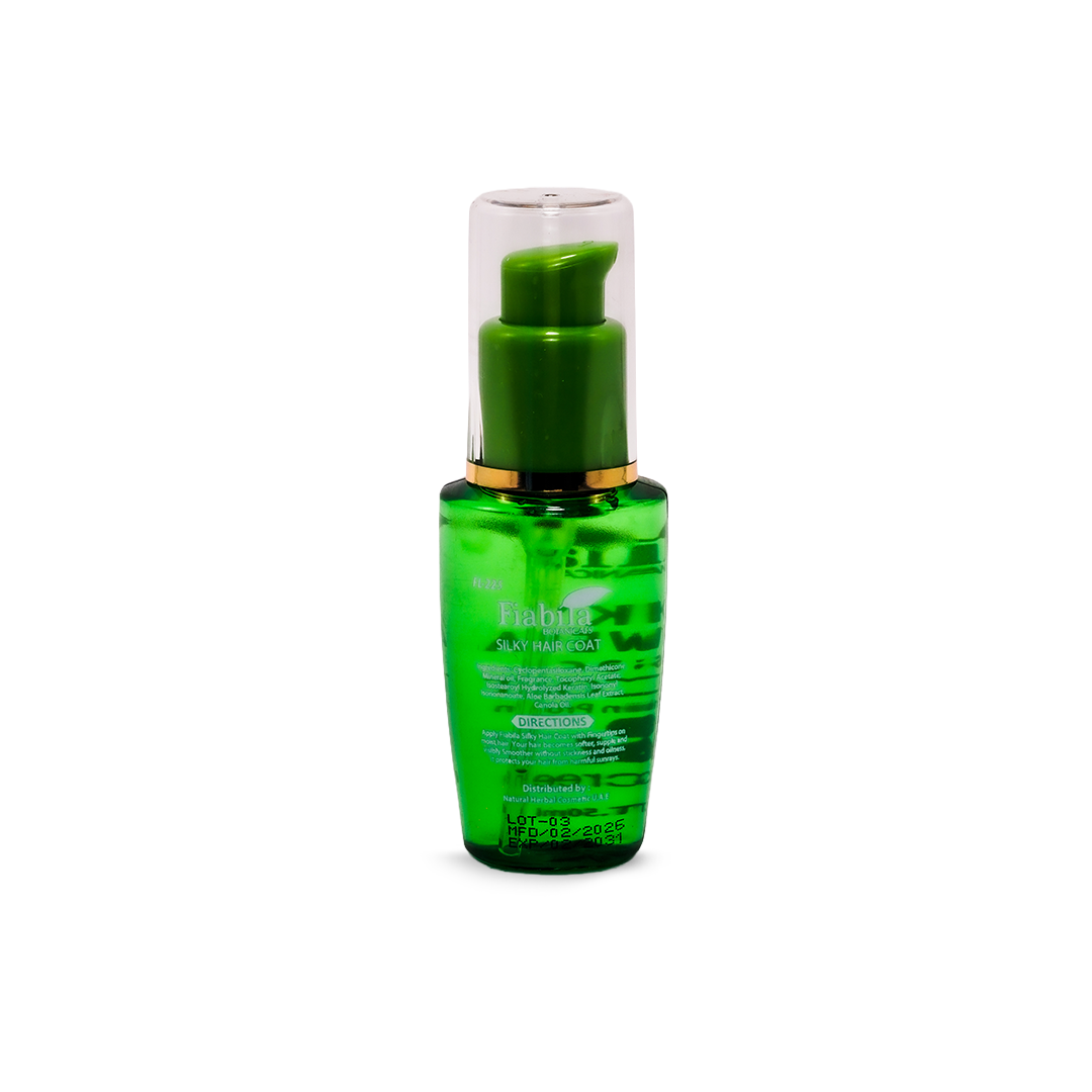 A green pump bottle of Fabia Sea Buckthorn hair oil with a clear cap, set against a plain white background.