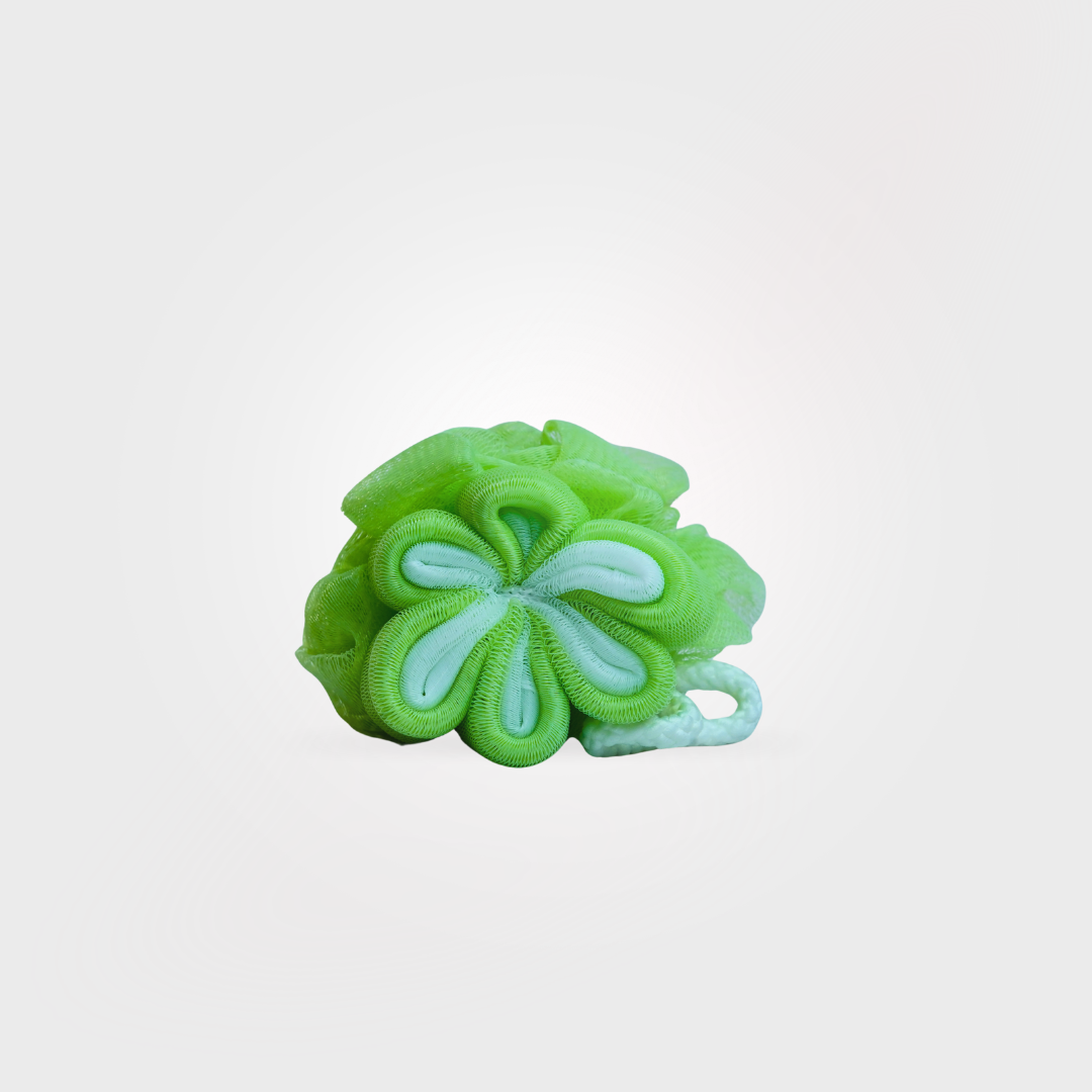 Green and light blue bath pouf on a white background