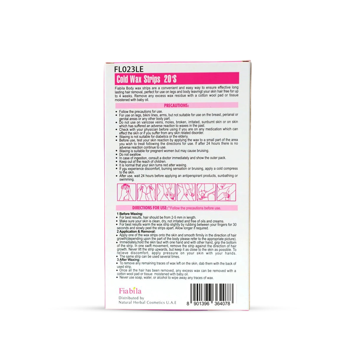 The back of a Fabla cold wax strip package, showing product code FLO23LE, usage instructions, precautions, and a barcode on a white background.