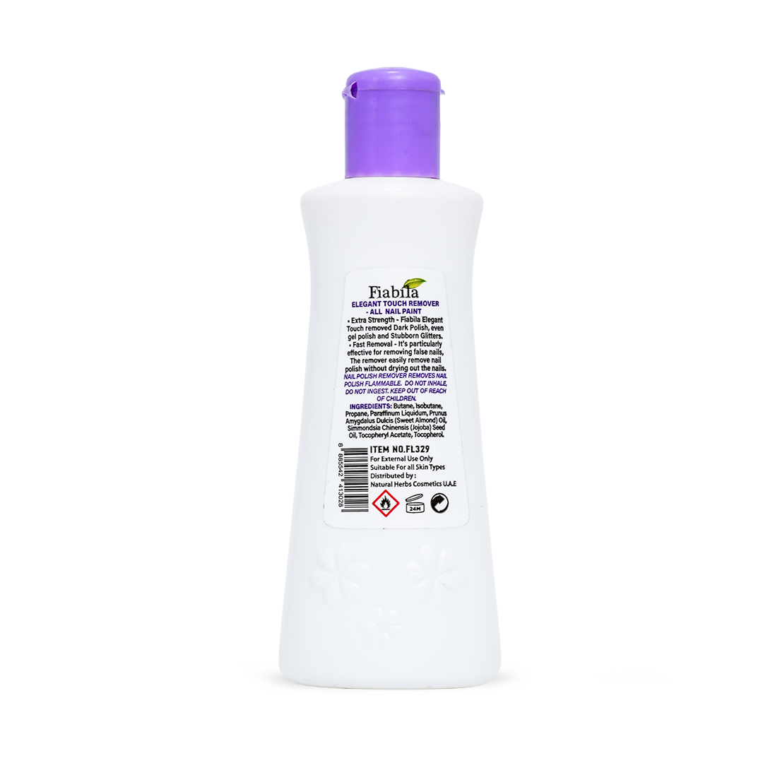 A bottle of Fiabila Gentle Touch nail polish remover  shown from the back, featuring a white plastic bottle with a purple flip-top cap and a detailed product label.