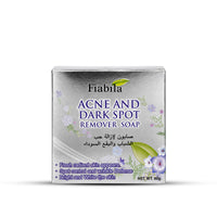 Fiabla Acne and Dark Spot Remover Soap in a silver rectangular box with purple and green text and floral illustrations, shown on a white background.