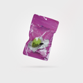 Pink pouch with a brand logo on a white background