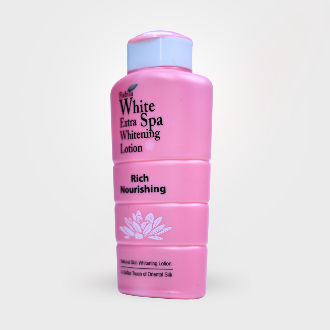 Pink bottle of White Extra Spa Whitening Lotion on a white background
