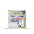 A 80g box of Fiabila Fair & White Whitening Soap with Goat Milk, featuring a silver and white design with blue and red text, a goat illustration, and a glass of milk on a white background.