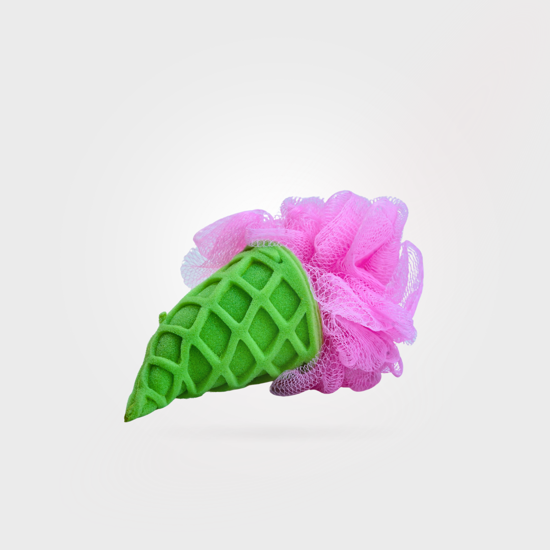 Green ice cream cone-shaped bath sponge with pink loofah on a white background
