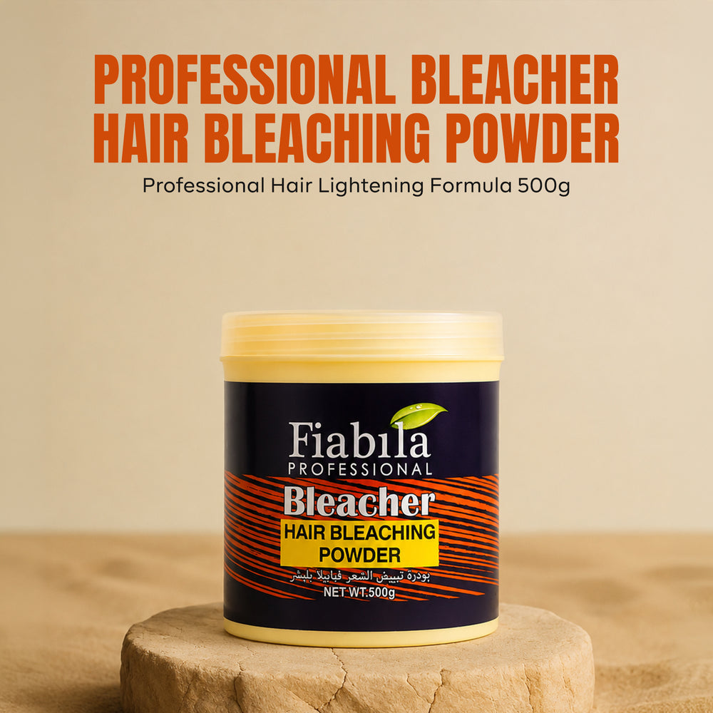 A 500g tub of Fiabila Professional Bleacher Hair Bleaching Powder, displayed on a rustic wooden block against a beige background with promotional text at the top.
