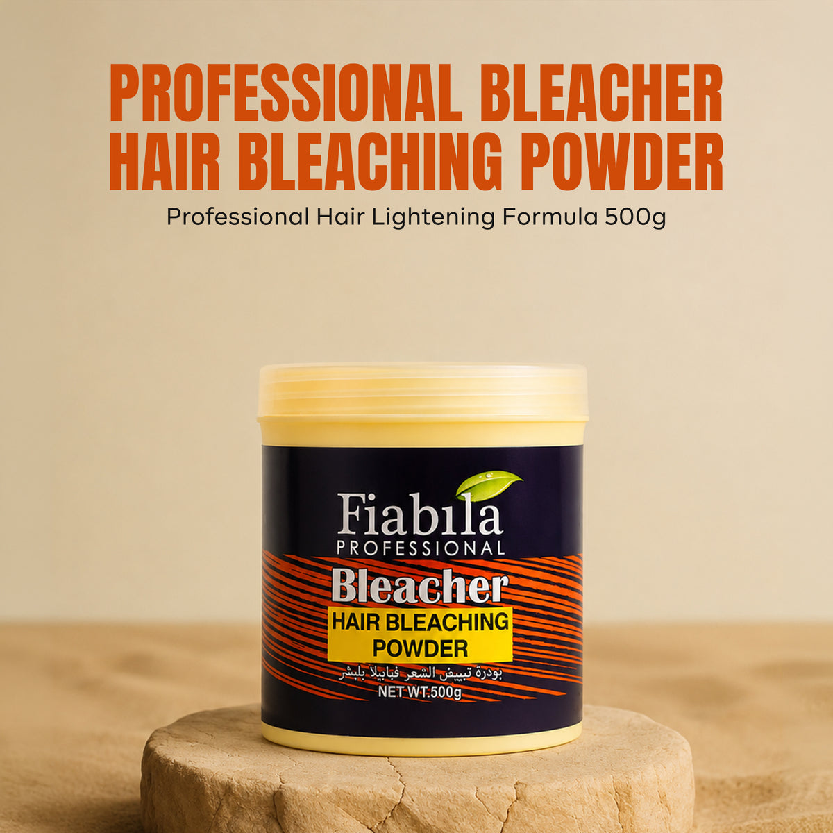 A 500g tub of Fiabila Professional Bleacher Hair Bleaching Powder, displayed on a rustic wooden block against a beige background with promotional text at the top.
