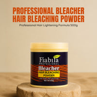 A 500g tub of Fiabila Professional Bleacher Hair Bleaching Powder, displayed on a rustic wooden block against a beige background with promotional text at the top.