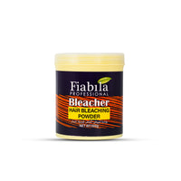 A 500g tub of Fiabila Professional Bleacher Hair Bleaching Powder on a white background. The product packaging features a dark navy blue label with orange wavy stripes, a yellow banner, and white text, with the pale yellow powder visible at the top and bottom of the tub.
