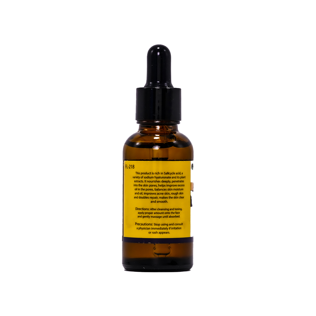 An amber glass dropper bottle with a black cap and a yellow label, shown against a plain white background.