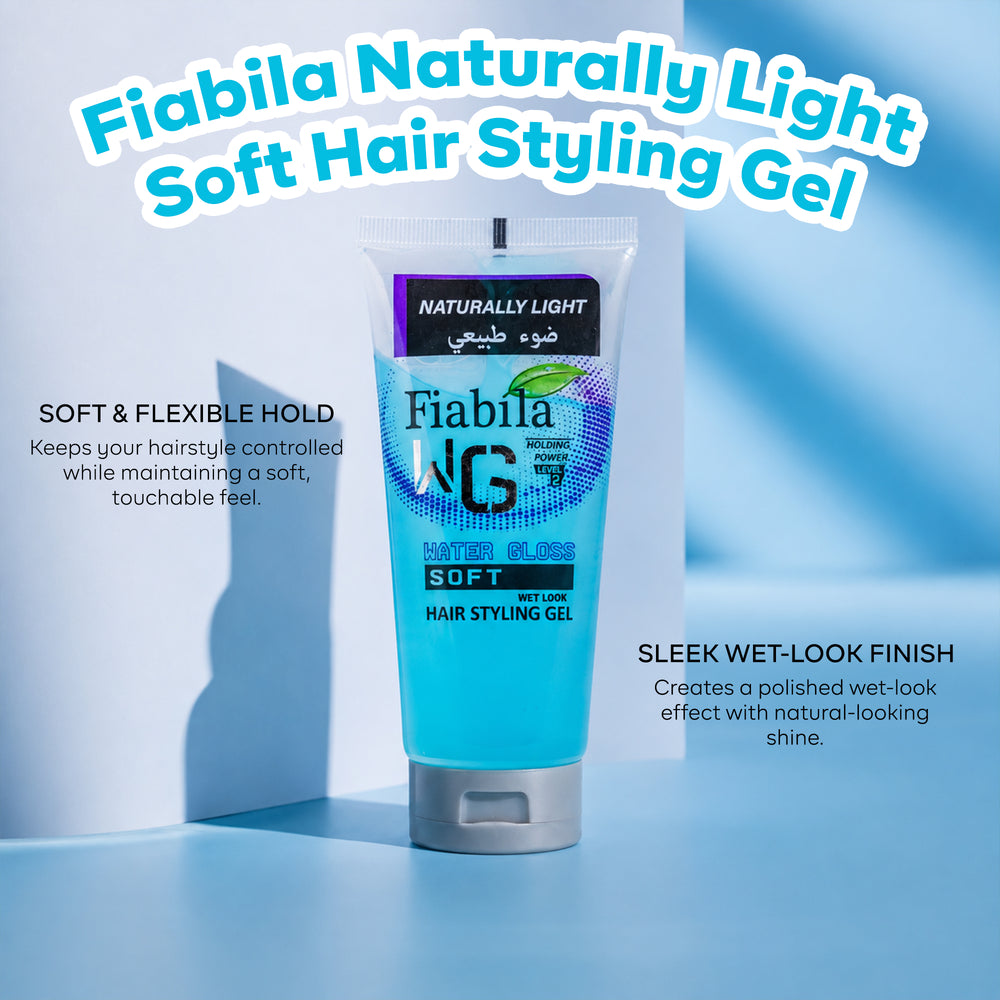 A tube of Fiabila Naturally Light Soft Hair Styling Gel stands on a light blue studio surface with text callouts around it. The product tube is bright blue with a silver cap and black/white branding.