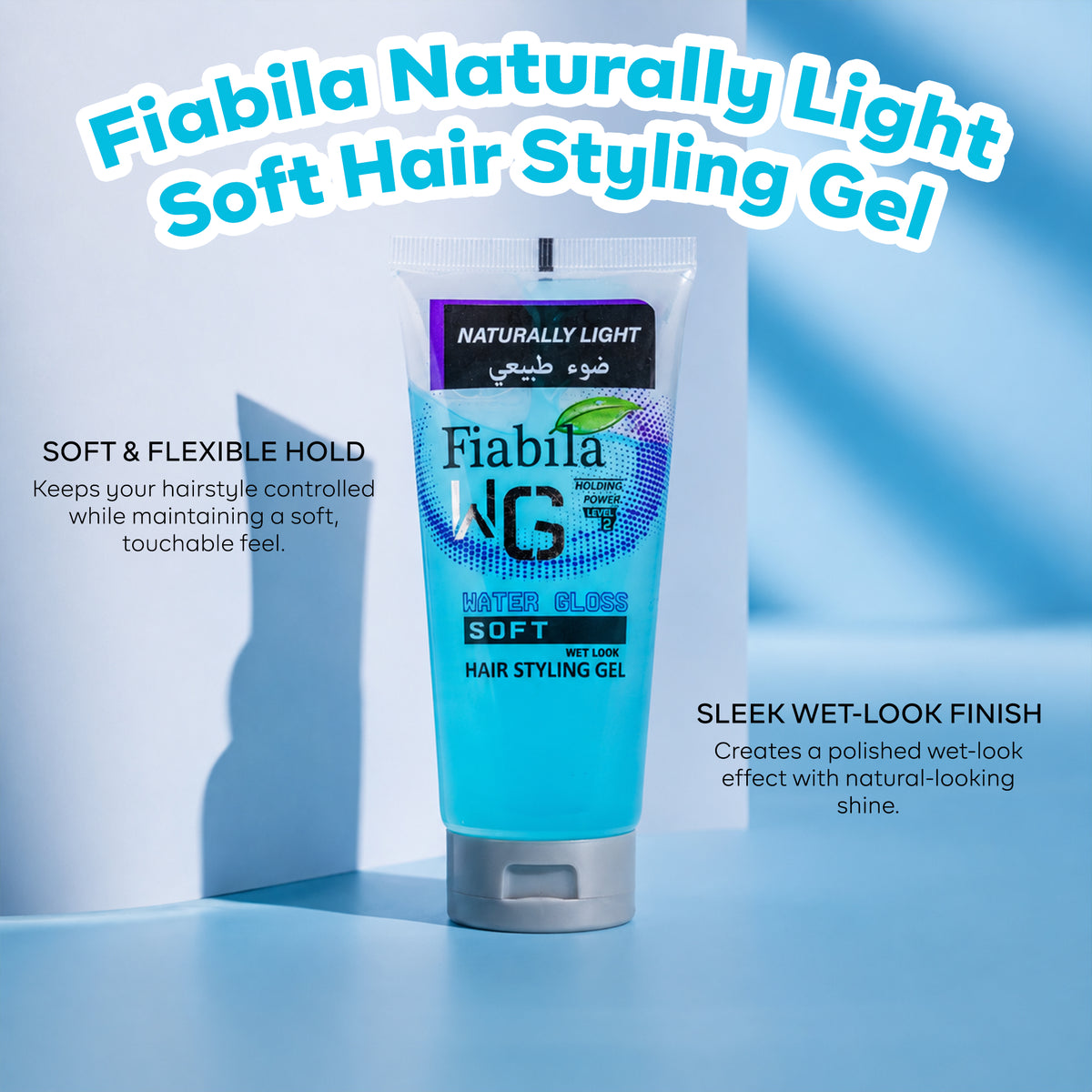 A tube of Fiabila Naturally Light Soft Hair Styling Gel stands on a light blue studio surface with text callouts around it. The product tube is bright blue with a silver cap and black/white branding.