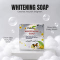 Fiabila Whitening Soap box centered on a white pedestal with bubbles around it and promotional text on a light gray background.